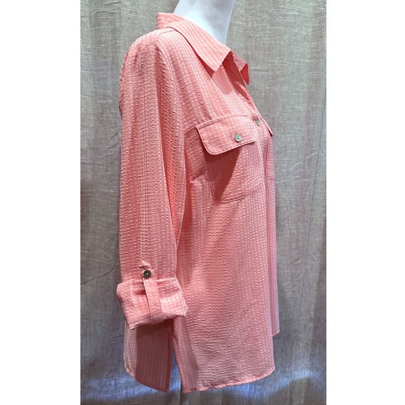 Studio Works Roll-Tab Sleeve Bright Pink Button Down Blouse Medium - Picture 4 of 13